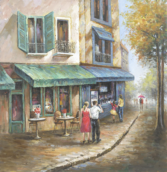 PXYW574B Wall décor art oil on canvas street scene blue brown tones